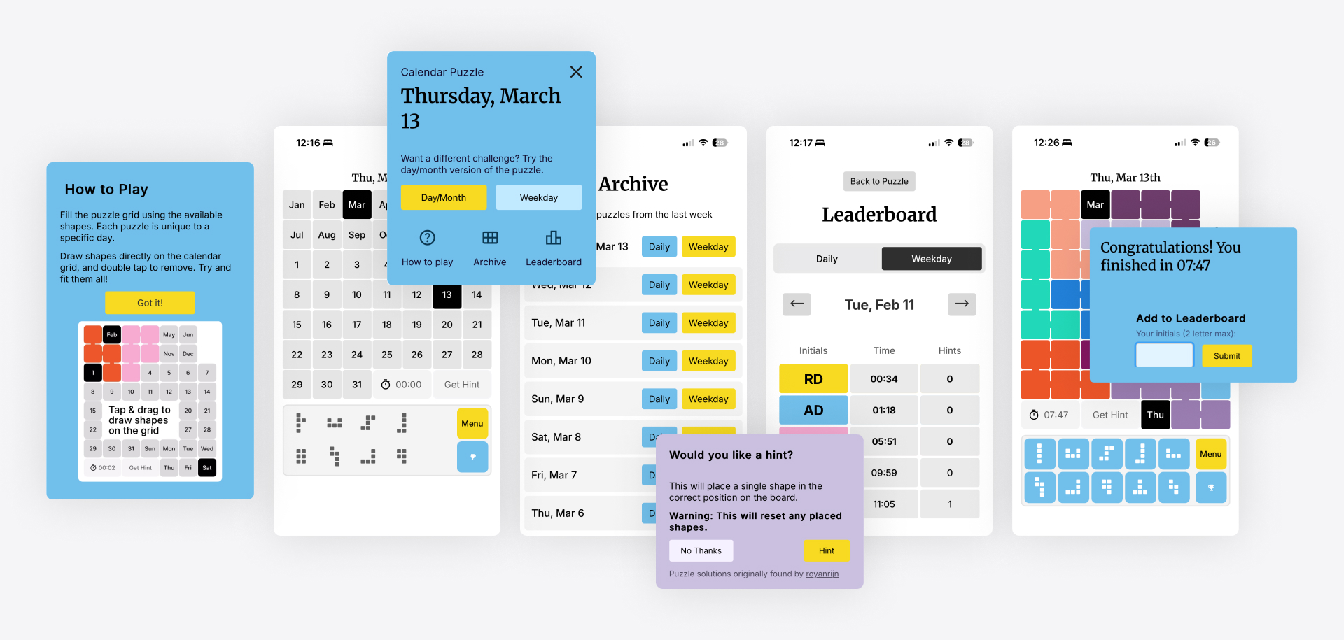 Calendar puzzle user interface screens