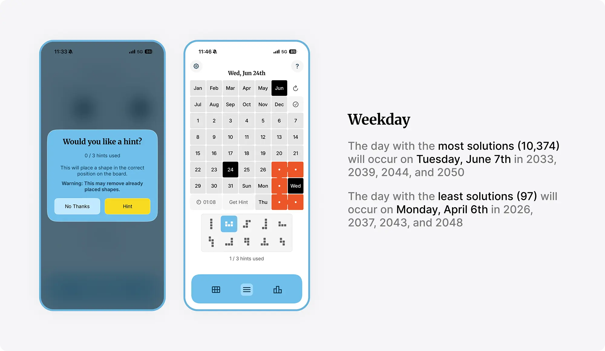 Calendar puzzle hint data