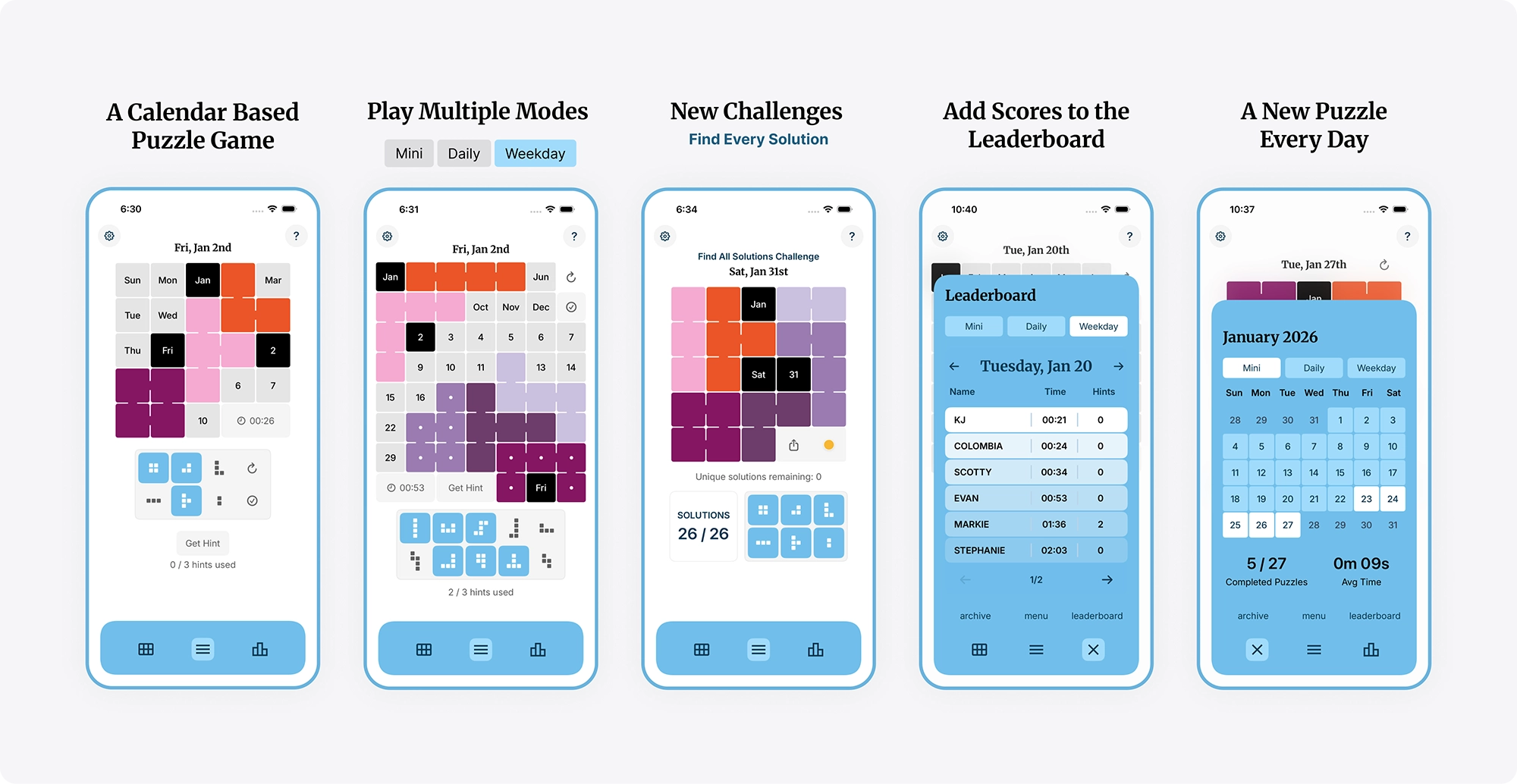 Calendar puzzle user interface screens