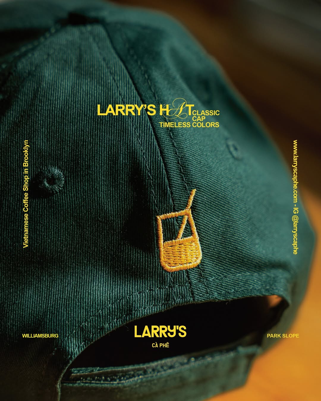Larrys merch green and yellow hat back photo